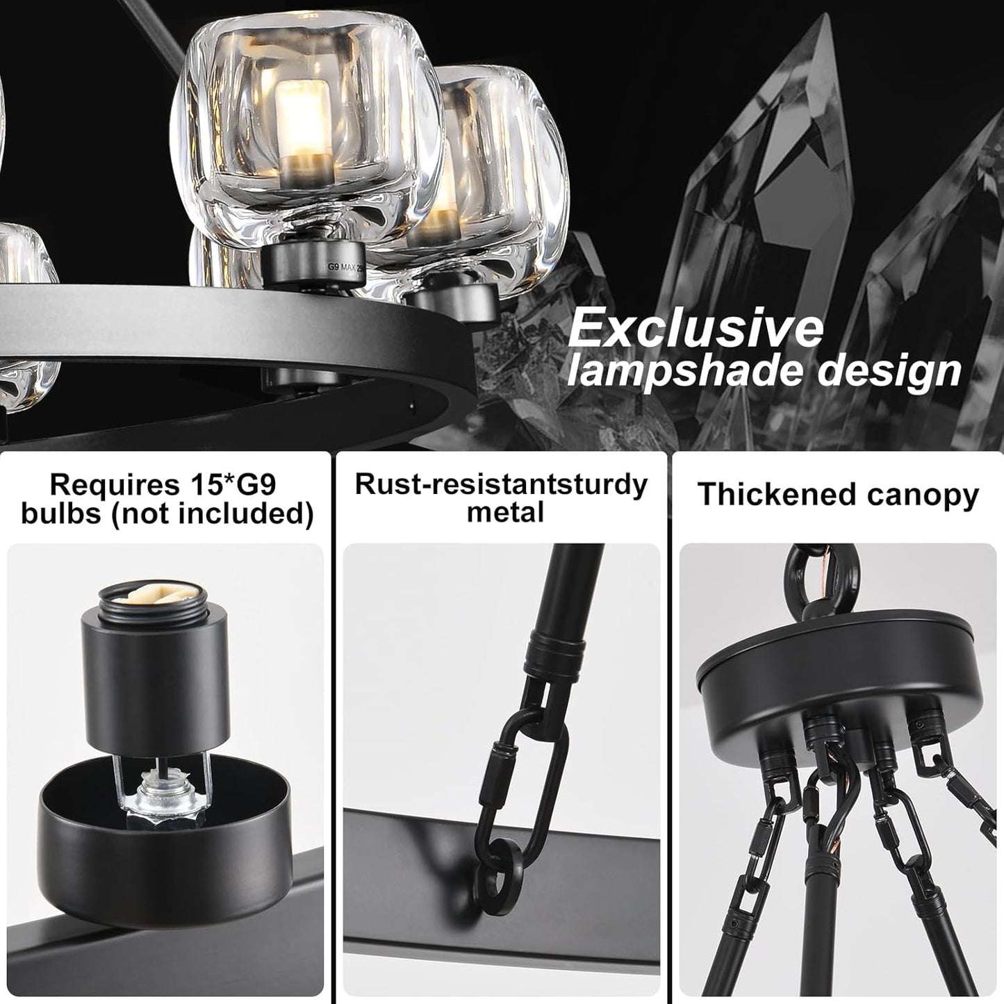 Black Wagon Wheel Chandelier, 59 Inch Black Chandeliers with Unique Glass Shade, 15-Light Crystal Large Wagon Wheel Chandeliers for Dining Room, High Ceiling Round Chandelier for Living Room, Foyer