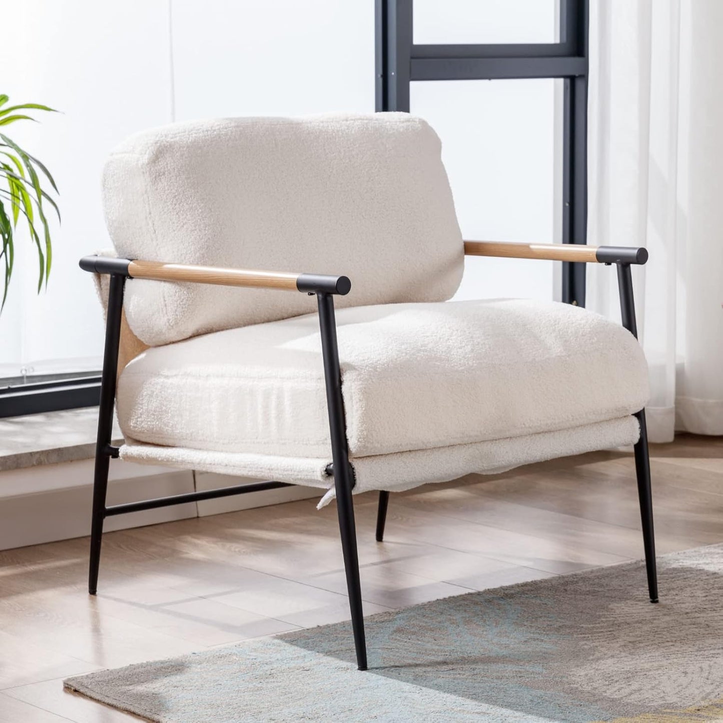Mid-Century Accent Chair, Soft Armchair Sherpa Fabric Lounge Chair with Black Metal Legs, Upholstered Leisure Chair for Living Room Bedroom Reception Room, 1PC, White