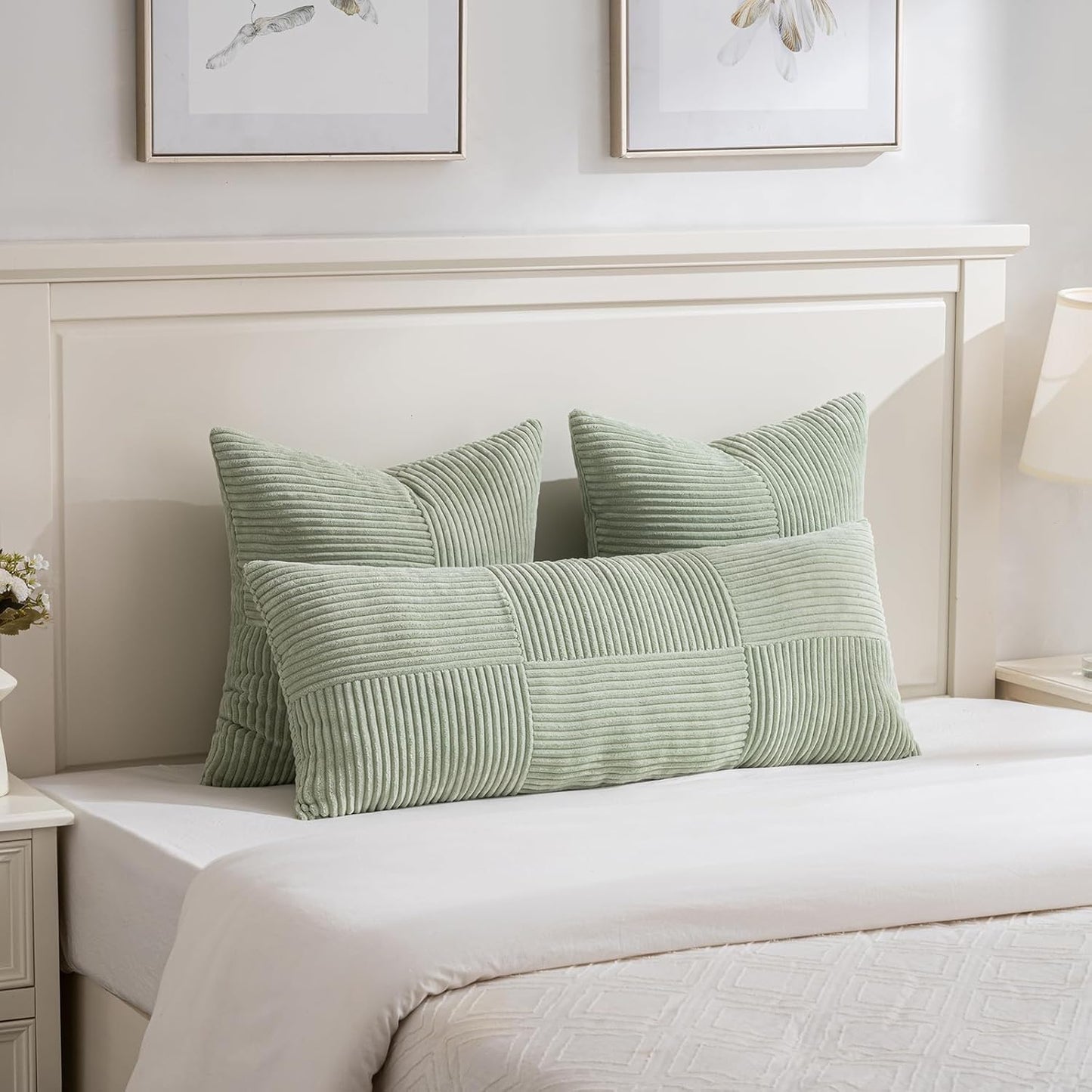 Fancy Homi Set of 2 Sage Green Boho Long Lumbar Body Decorative Throw Pillow Cover 14x36 Inch for Bed Couch Bedroom Bench, Soft Patchwork Corduroy Textured Pillow Case, Rustic Farmhouse Room Décor