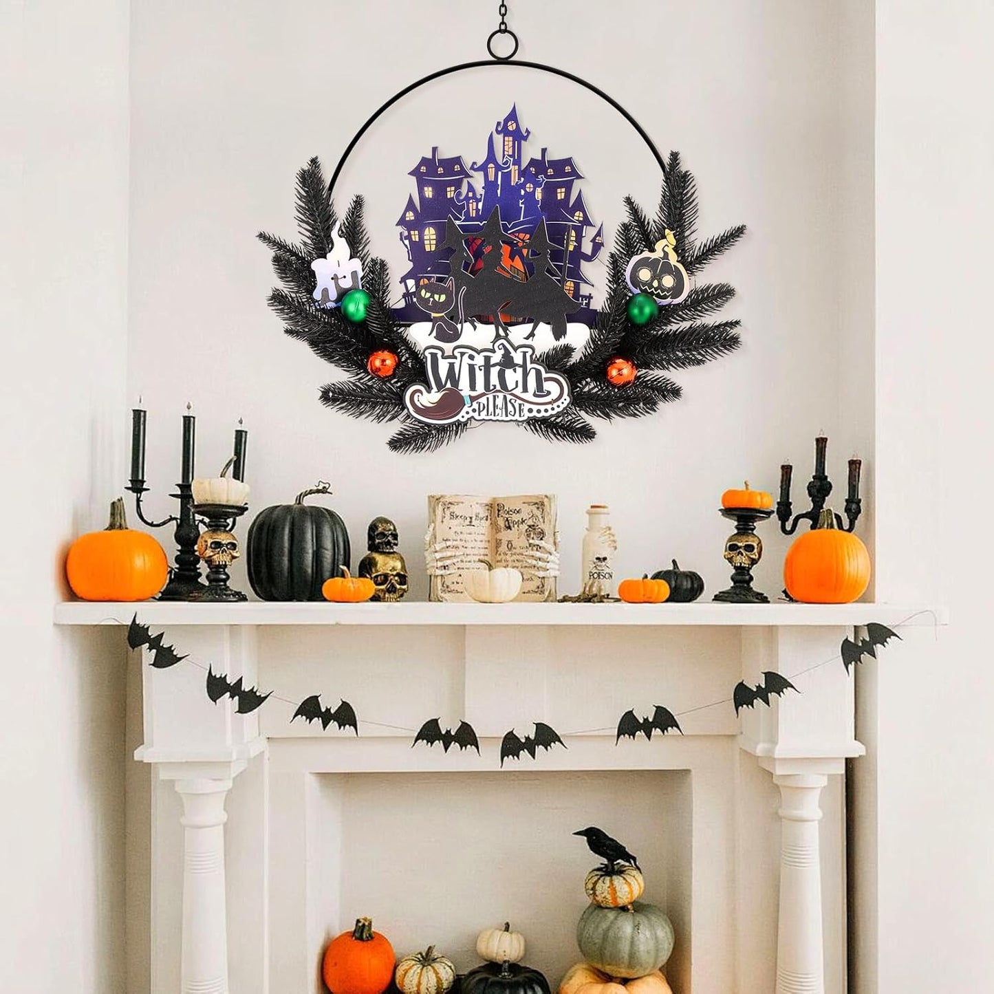 Lighted Halloween Wreaths for Front Door, Welcome Metal Wooden Door Wreath Decor Hanging Sign, 30 LED Lighted Wall Decor Battery Operated for Halloween Indoor Outdoor (Witch)