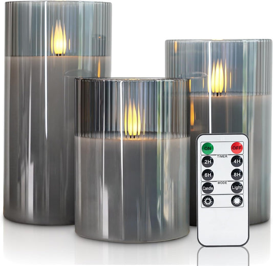 Amagic Grey Flameless Candles with Remote, Battery Operated Candles with Timer, Ribbed Glass LED Pillar Candles with Flickering Flame for Spooky Halloween Party Decor, Real Wax, Set of 3