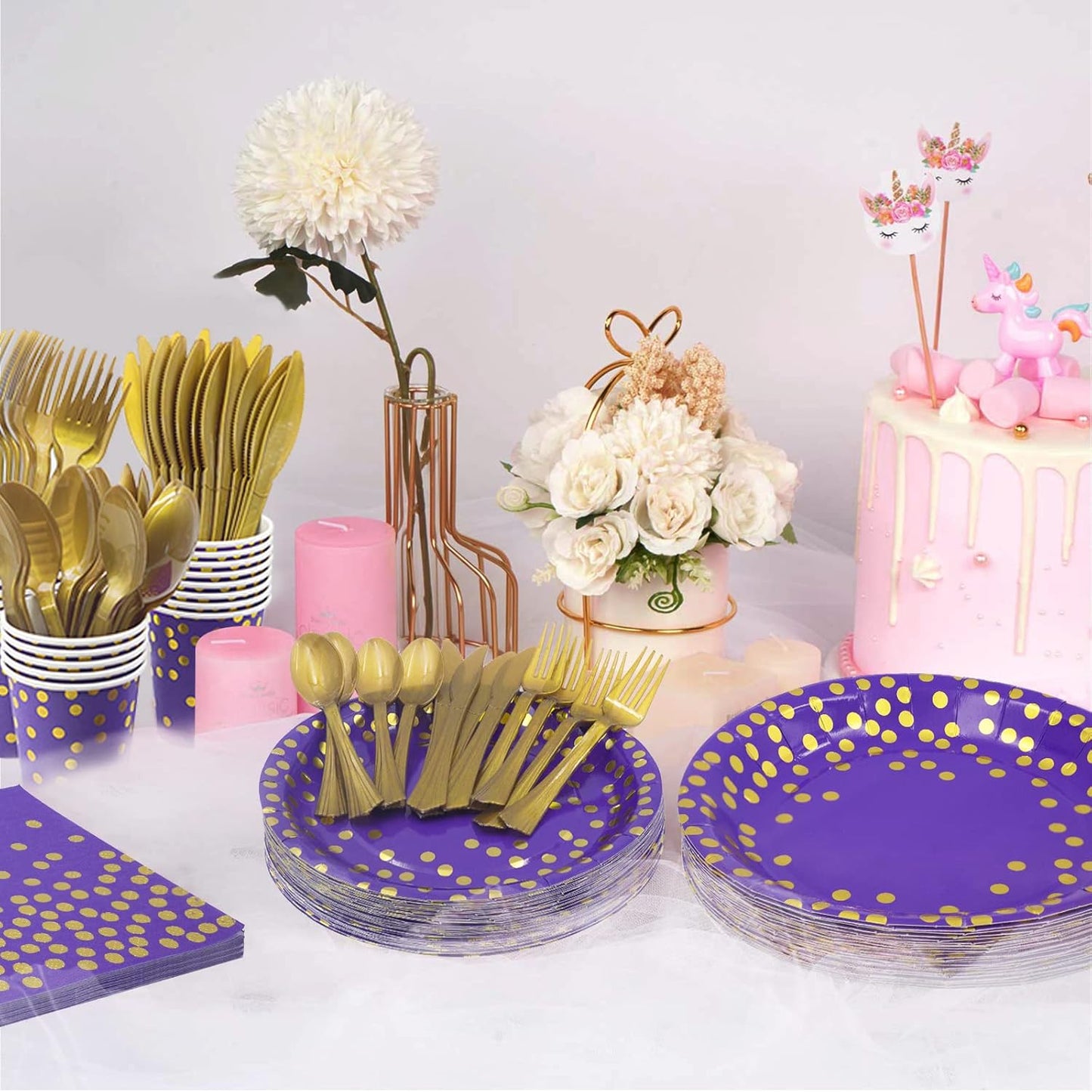 AIRE 350PCS Purple Gold Paper Plates Party Supplies for 50 Guests Party Decorations Disposable Dinnerware Paper Plates Cups Napkins Gold Plastic Forks Knives Spoons for Birthday Baby Shower Wedding