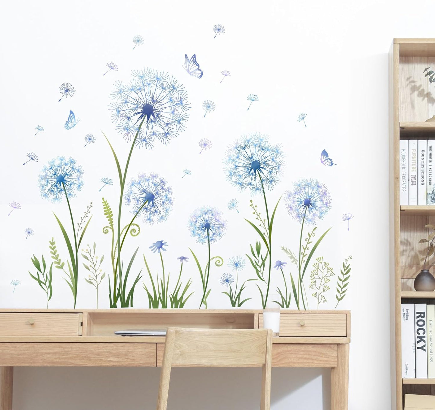 Dandelion Flower Butterfly Wall Decals Blue Dandelion Plants Floral Wall Stickers Peel and Stick Vinyl Wall Art Decor for Living Room Bedroom Office TV Sofa Backdrop Home Decor Gifts for Mom