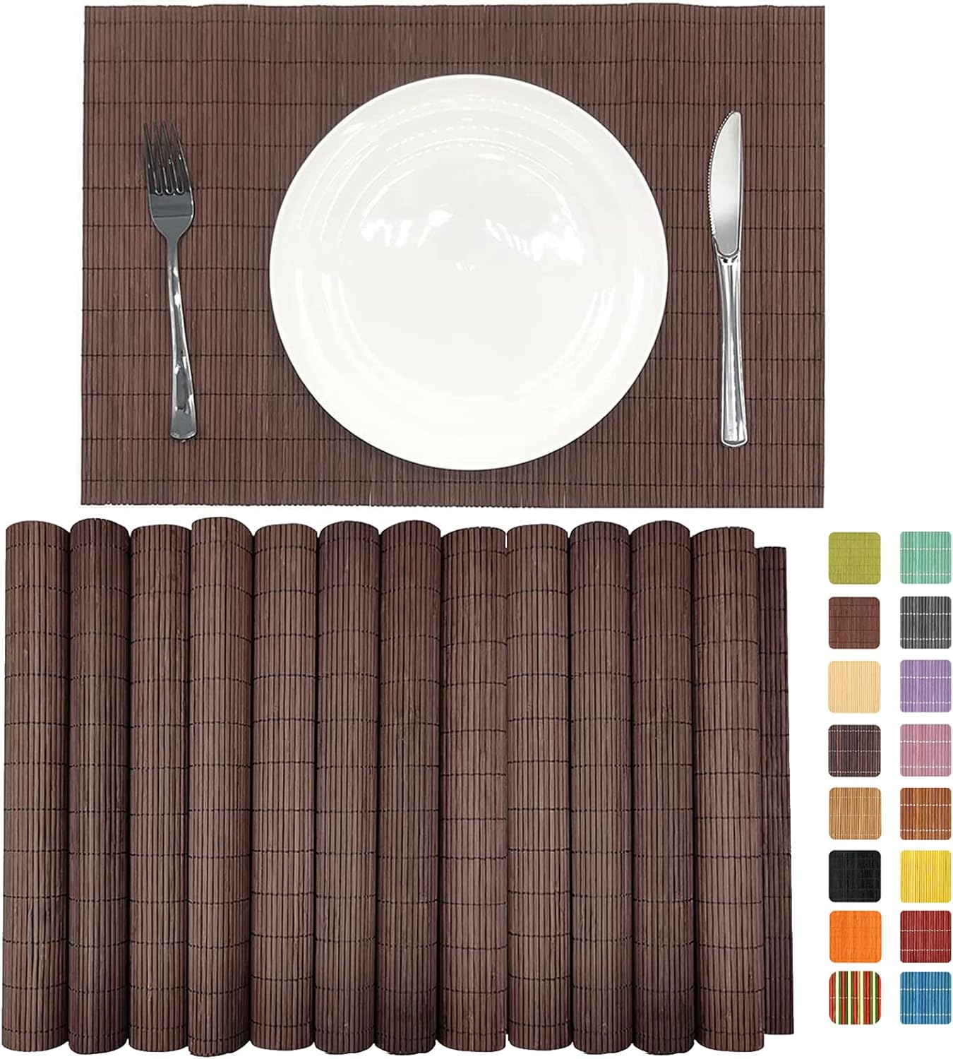 ANDSTAR Set of 12 Pcs Bamboo Placemats Natural Anti-Slip Bamboo Placemats Washable Heat-Resistant Table Mats for Dining Room and Kitchen(Chocolate)