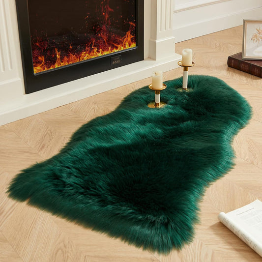 AMTOVO Faux Fur Rug, Dark Green Area Rug, Fluffy Sheepskin Rug, Fuzzy Ultra Soft 2 x 4 ft Shag Rugs for Bedroom Sofa Throw Cushion Room Decor, Sheepskin