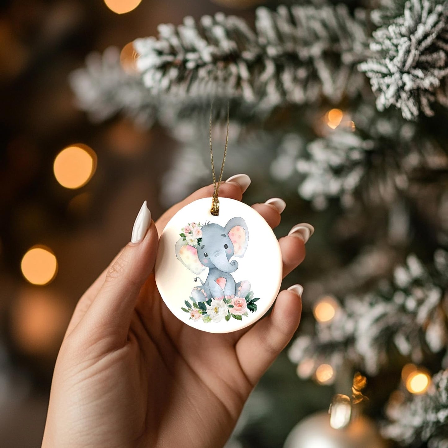 Elephant Ornament, Elephant Ornaments for Christmas Tree, Elephant Gifts for Women, Elephant Floral Ceramic Christmas Ornaments, Elephant Decorative Hanging Ornament