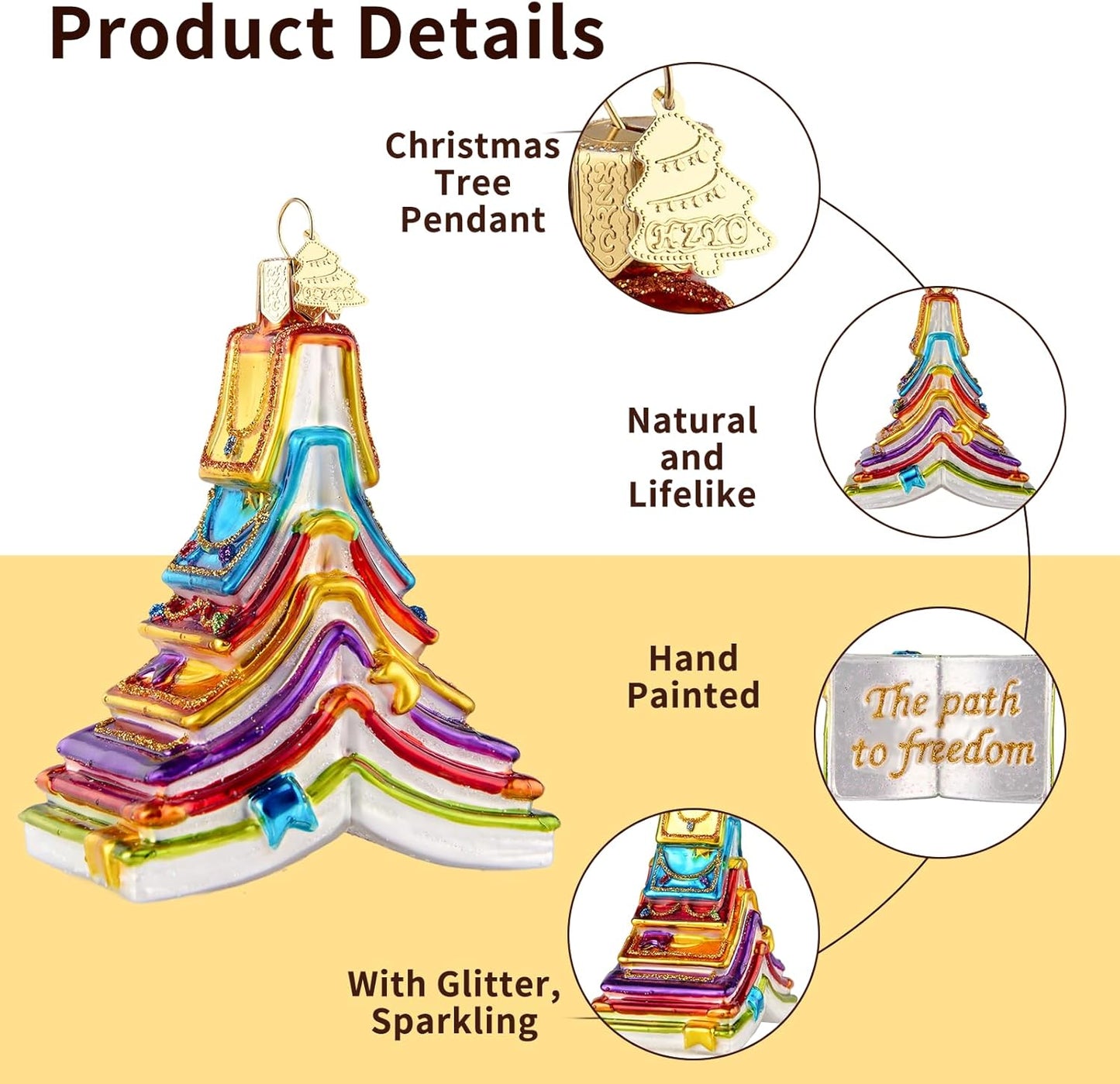 Book Christmas Tree Ornaments,Hand-Blown Glass Ornaments,Colorful Book Tree Shape Watcher Collection Figurines Hanging Ornament,Christmas Decorations for Reading Lovers Holiday Party Home Gift