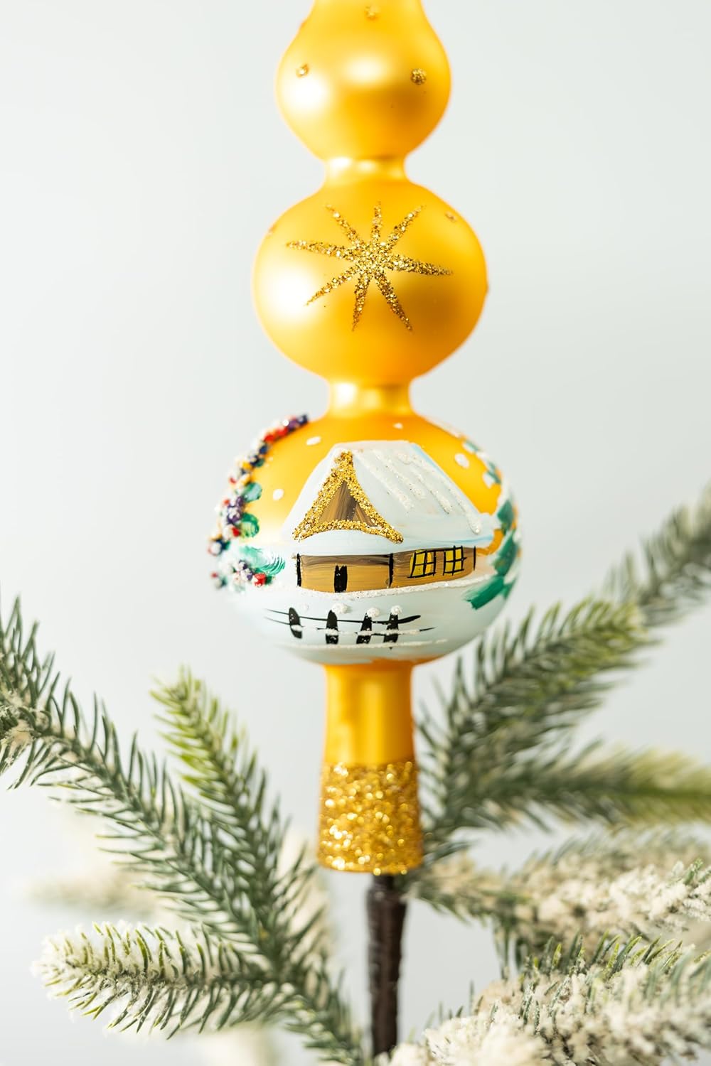 Christmas Tree Topper Spitz Glass Mouth Blown Hand-Decorated Embellishments (Gold, 12 inch)