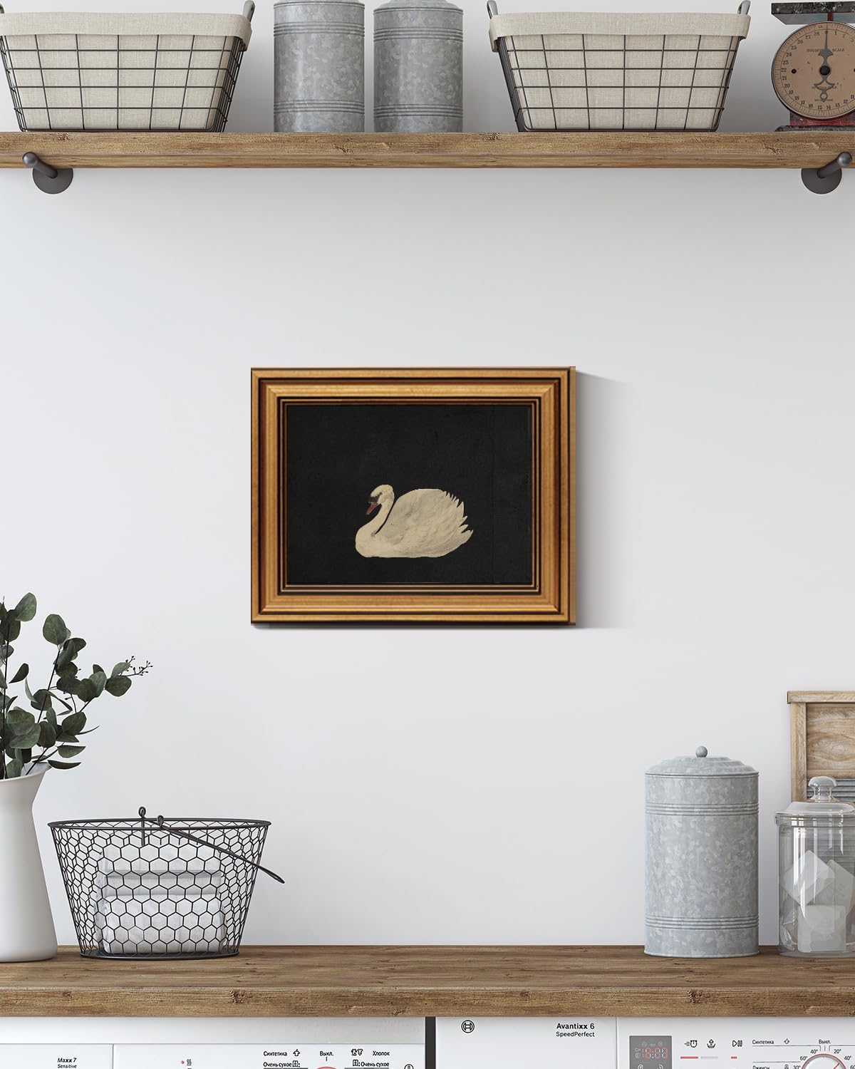 HUARCEY Gold Framed Vintage Wall Art for Living Room, Grace Swan Art Painting Pictures Rustic Animal Bathroom Prints Farmhouse Wall Decor Mother's Day Gifts for Mom Canvas Swan Shelf Decor for Bedroom