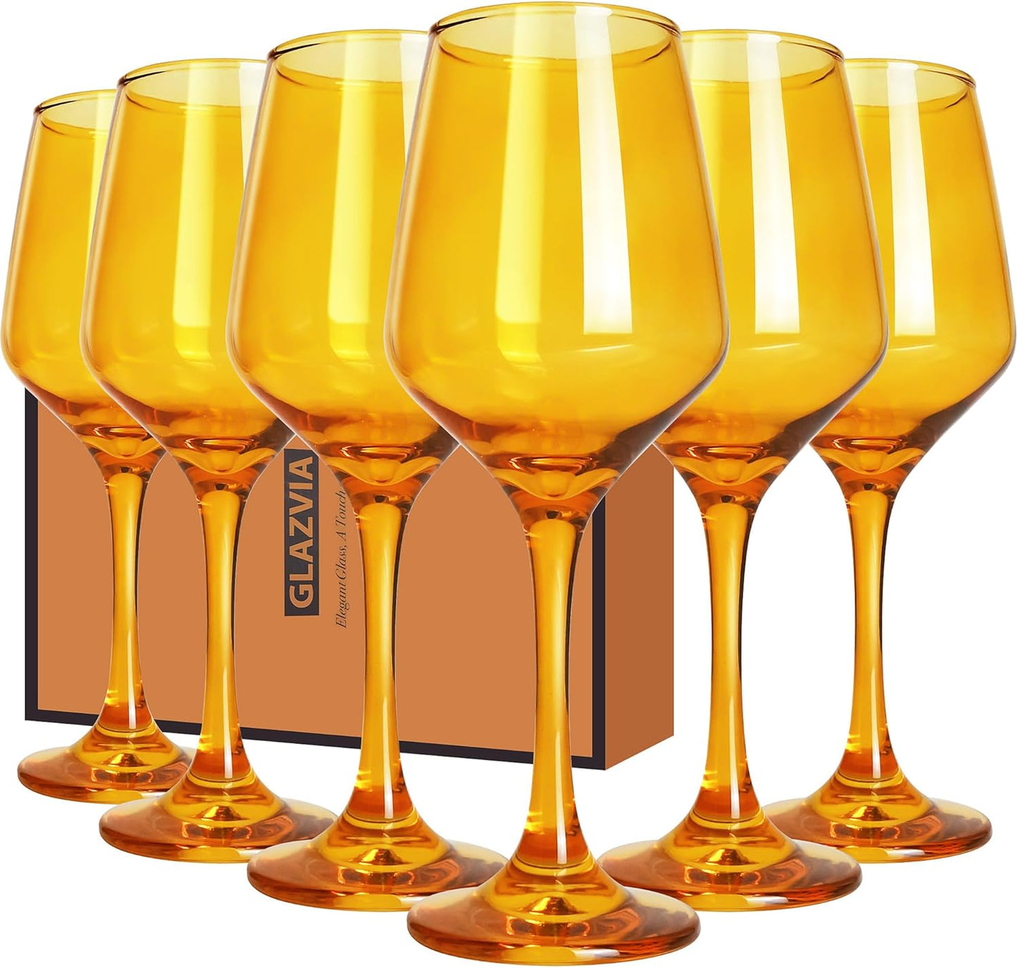 Amber Wine Glasses Set of 6-12oz Amber Long Stem Wine Glass Cups, Pretty Crystal Glassware, Hand Blown Goblets Drinkware, Unique Drinking Stemware Holiday Gift Set