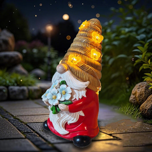 Outdoor Garden Gnomes Statue, Bee Flower Gnome Sculpture, with Solar LED Lights for Yard, Patio, Lawn Ornaments for Garden, Patio Gnome Gifts for Mom
