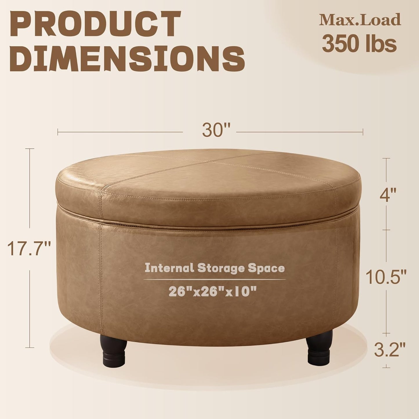 30-Inch Round Storage Ottoman, Modern Ottoman Coffee Table with Removable Top for Living Room, Bedroom, Office （Light Brown）