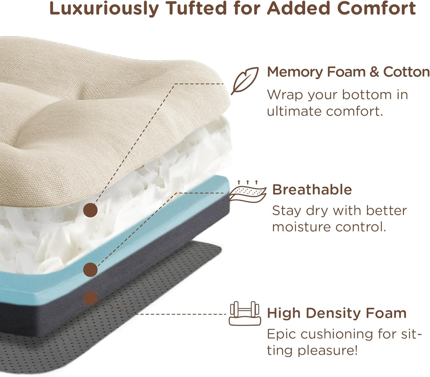 Codi Dining Chair Cushions 2 Pack, Thick Chairs Pads for Indoor Kitchen Room - Washable, Non-Slip Memory Foam Seat Cushion with Ties, 16.5"x16.5"x 3.5", Set of 2, Beige