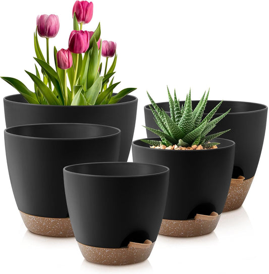 Plant Pots 10/9/8/7.5/7 Inch Self Watering Pots, Set of 5 Plastic Planters with Drainage Holes and Saucers,Plastic Flower Pots,Nursery Planting Pot for Indoor Out Door Plants(Black Brown)