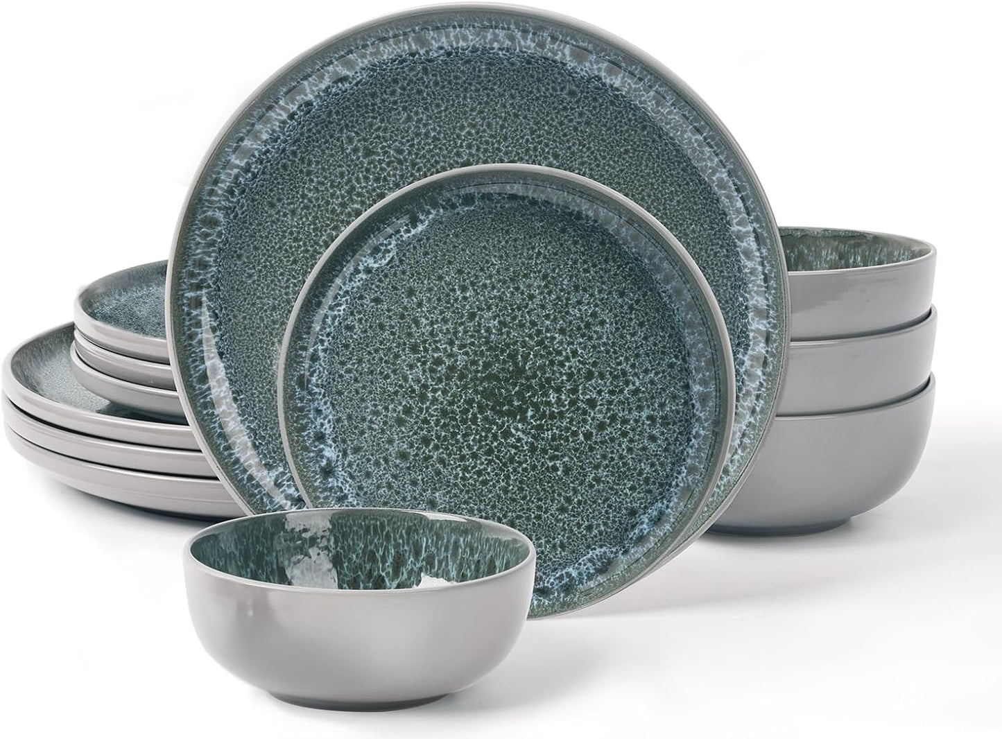 CQN&ZXD Ceramic Plates and Bowls Sets, 12 Pieces, Hand-Crafted Dishes set for 4 with Flowing Reactive-Glaze, Microwave & Dishwasher Safe Dinnerware Sets, Modern Style, Elegant Grey & Wave Blue