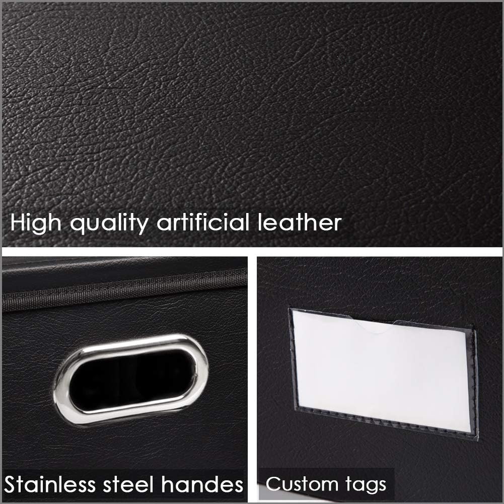PRANDOM Foldable Storage Bins with Lids [5-Pack] Leather Fabric Collapsible Storage Boxes Organizer Containers Baskets Cube with Cover for Bedroom Closet Office Nursery Black (14.9x10.8x10)