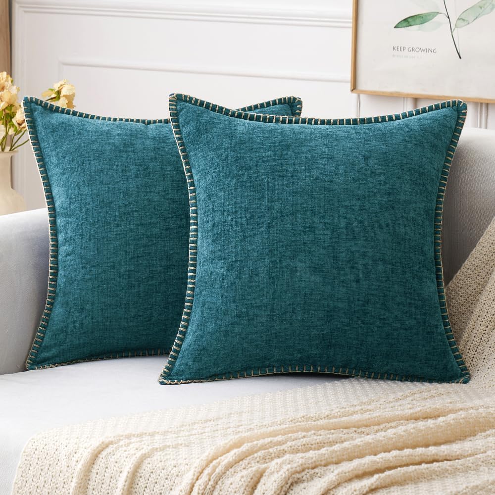 MIULEE Pack of 2 Couch Throw Pillow Covers 20x20 Inch Dark Teal Farmhouse Decorative Pillow Covers with Stitched Edge Soft Chenille Solid Dyed Spring Pillow Covers for Sofa Bed Living Room