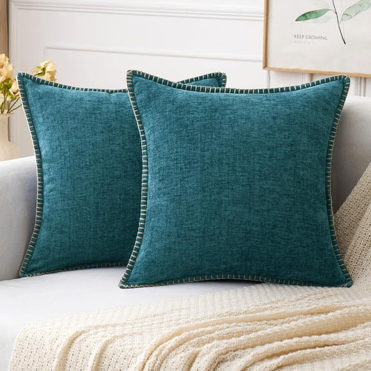 MIULEE Pack of 2 Couch Throw Pillow Covers 16x16 Inch Dark Teal Farmhouse Decorative Pillow Covers with Stitched Edge Soft Chenille Solid Dyed Spring Pillow Covers for Sofa Bed Living Room