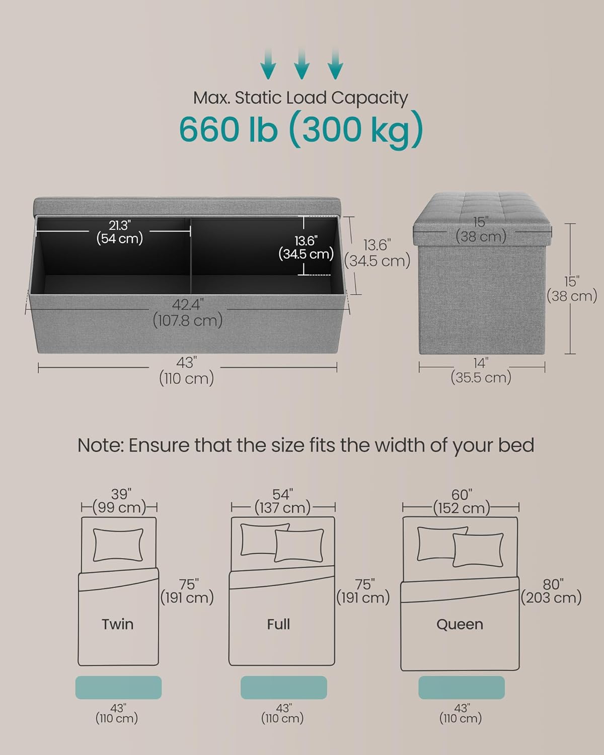 SONGMICS MAZIE Collection - 43 Inches Folding Storage Ottoman Bench, Ottoman Foot Rest, End of Bed Bench, Storage Chest, Load 660 lb, for Living Room, Bedroom, Entryway, Light Gray ULSF77G