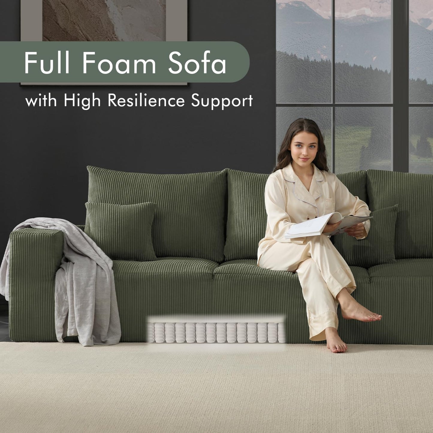 Boneless Sectional Cloud Couch Sofa for Living Room, 112" U-Shaped Modular Modern Lounge Sleeper Green Couches with Chaise, No Assemble, Cordury Compression Upholstered Sofas