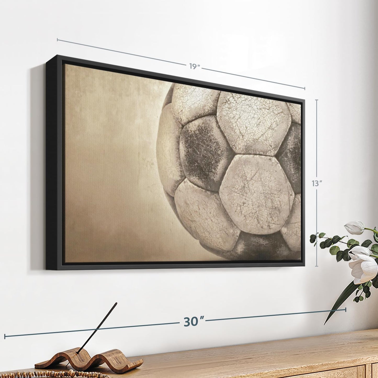 Elephant Stock Worn Soccer Ball Wall Art - Horizontal Framed Canvas - 1-Piece Living Room Wall Decor - Photography sports Canvas Print - Brown and Gray Decor for Wall - 19" X 13"
