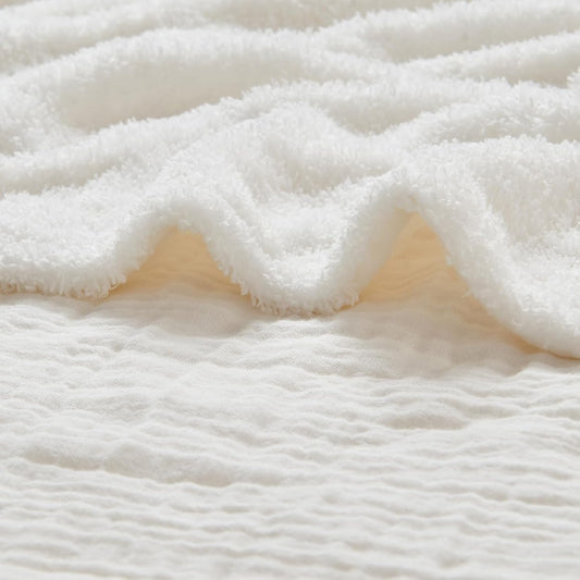 EMME Muslin and Fleece Twin Blanket Reversible - 60"*80" Cream Soft Warm Throw Blankets for Couch Bed Picnic Travel Bed