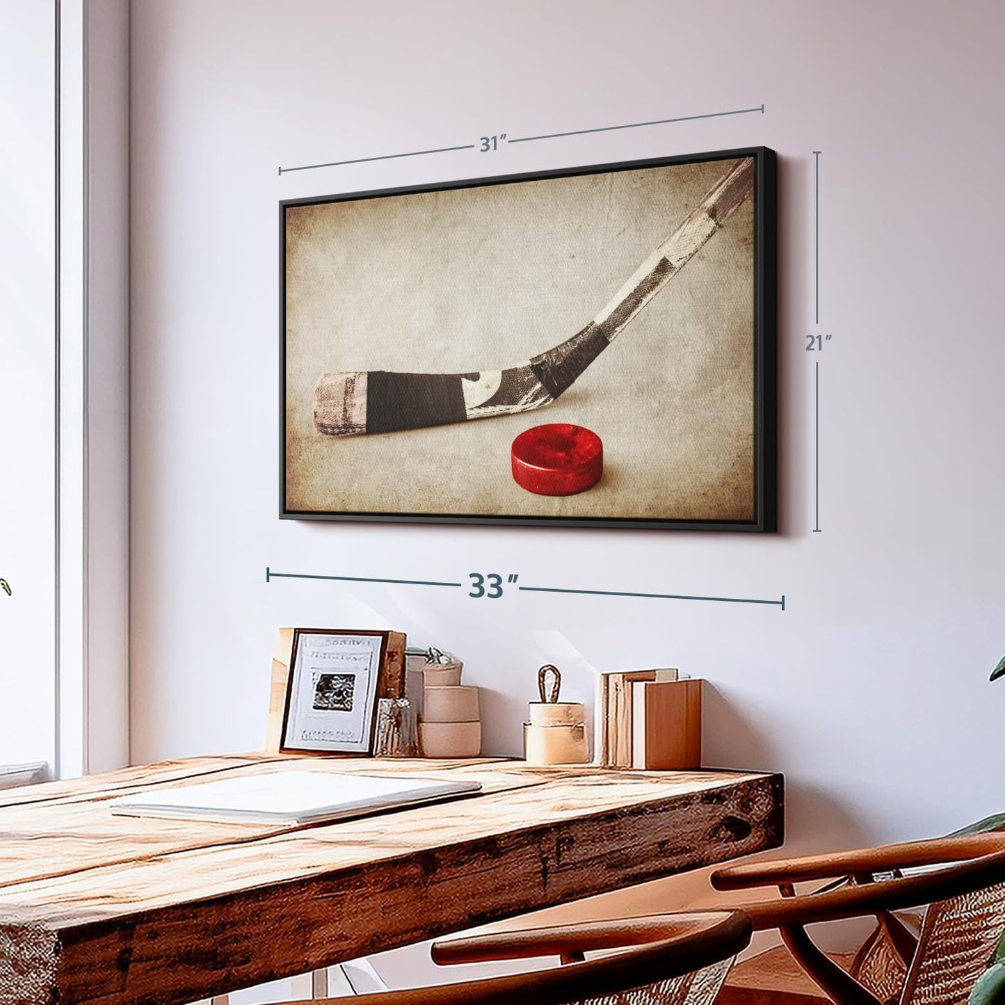 Elephant Stock Vintage Ice Hockey Wall Art - Horizontal Framed Canvas - 1-Piece Hallway Wall Decor - Photography Sports Canvas Print - Brown and Beige Decor for Wall - 31" X 21"