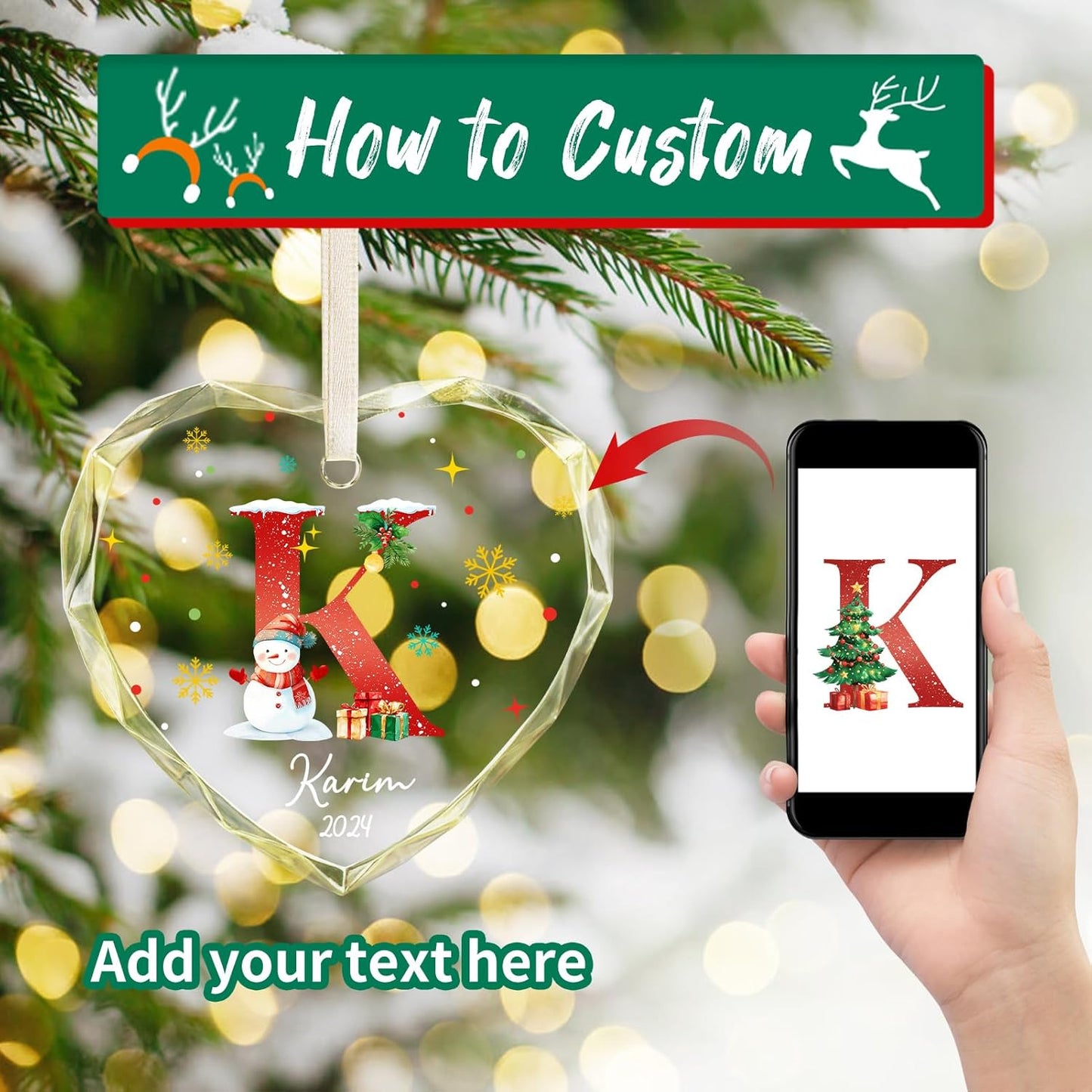 Personalized Christmas Ornaments with Initial Name, Acrylic Custom Monogram Initial A-Z Christmas Ornament 2025 for Kids Family Friends, Customized Letter Name Ornaments for Christmas Tree Decorations