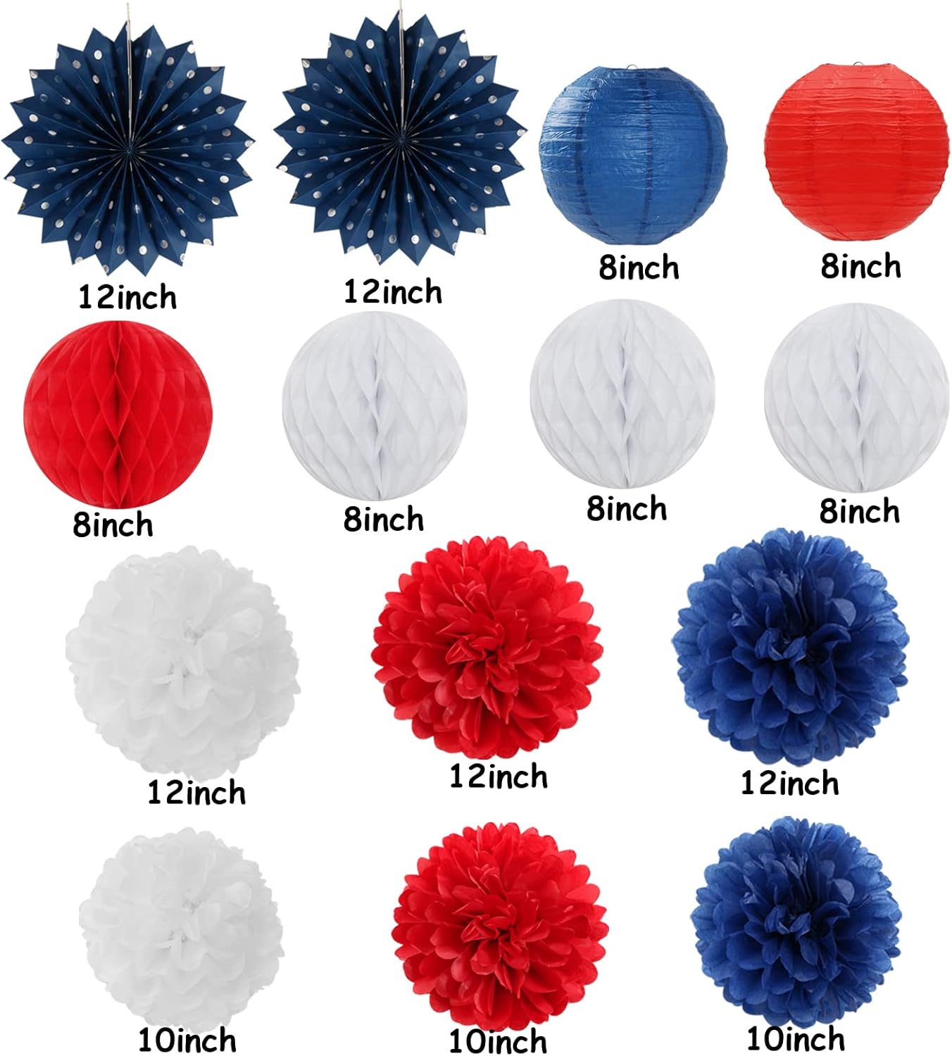 Fourth-4th of July-Imemorial Party-Decorations Lanterns - 14pcs Red White Blue Graduation Paper Streamers Fan,Tissue Pom Poms Streamer,Honeycomb Balls,USA Patriotic America Independence Decor Ouruola