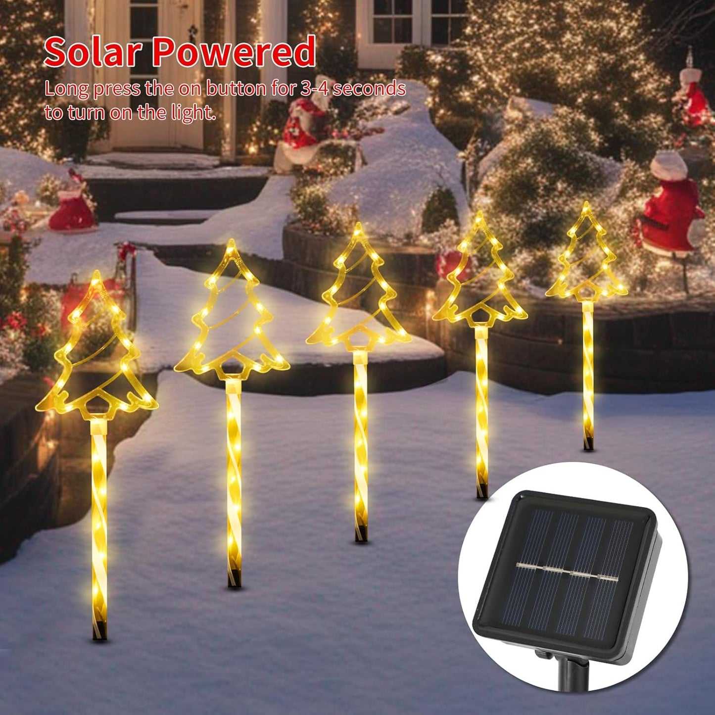 Christmas Solar Pathway Lights Outdoor Decorations, 8 Modes Xmas Tree Candy Lights Waterproof Led Garden Stake Light for Walkway Yard Lawn Porch Holiday Decor 5-Pack (Yellow Tube Tree, 5 Pack)