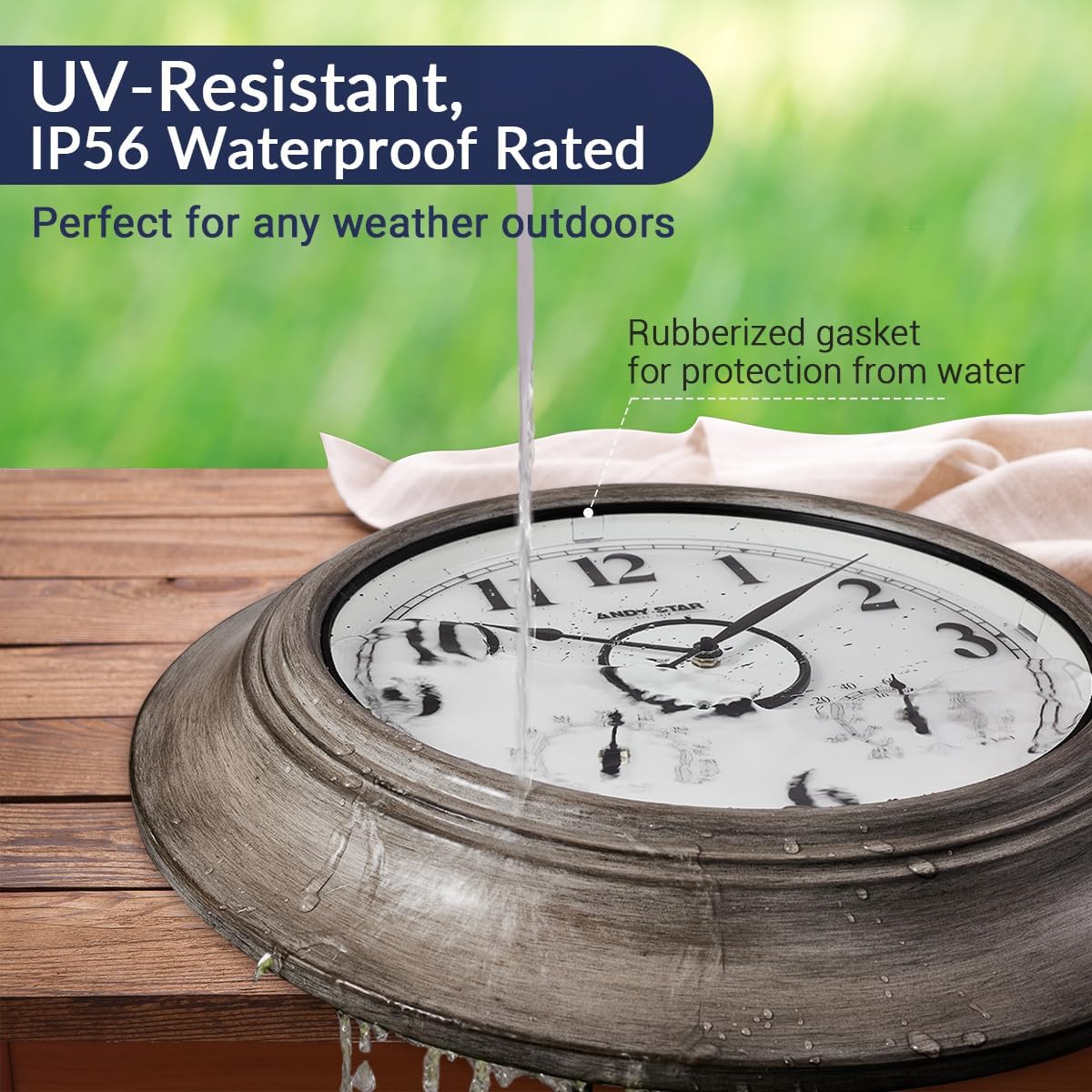 Andy Star 21 Inch Large Luminous Outdoor Wall Clock and Temperature for Patio, Pool, Oversized Round Wall Clocks Waterproof, Vintage Brushed Gray Oak Wooden Finish Silent Non Ticking