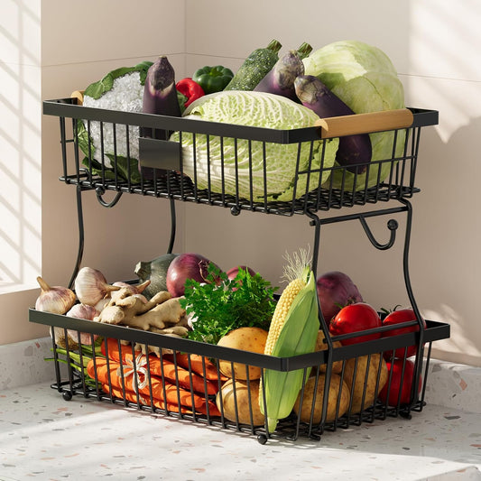 2 Tier Fruit Basket for Kitchen Counter with 2 Banana Hangers, Countertop Metal Fruit Bowl with Wooden Handle, Large Storage Stand for Vegetables, Snacks, Breads, Produce Storage – Black