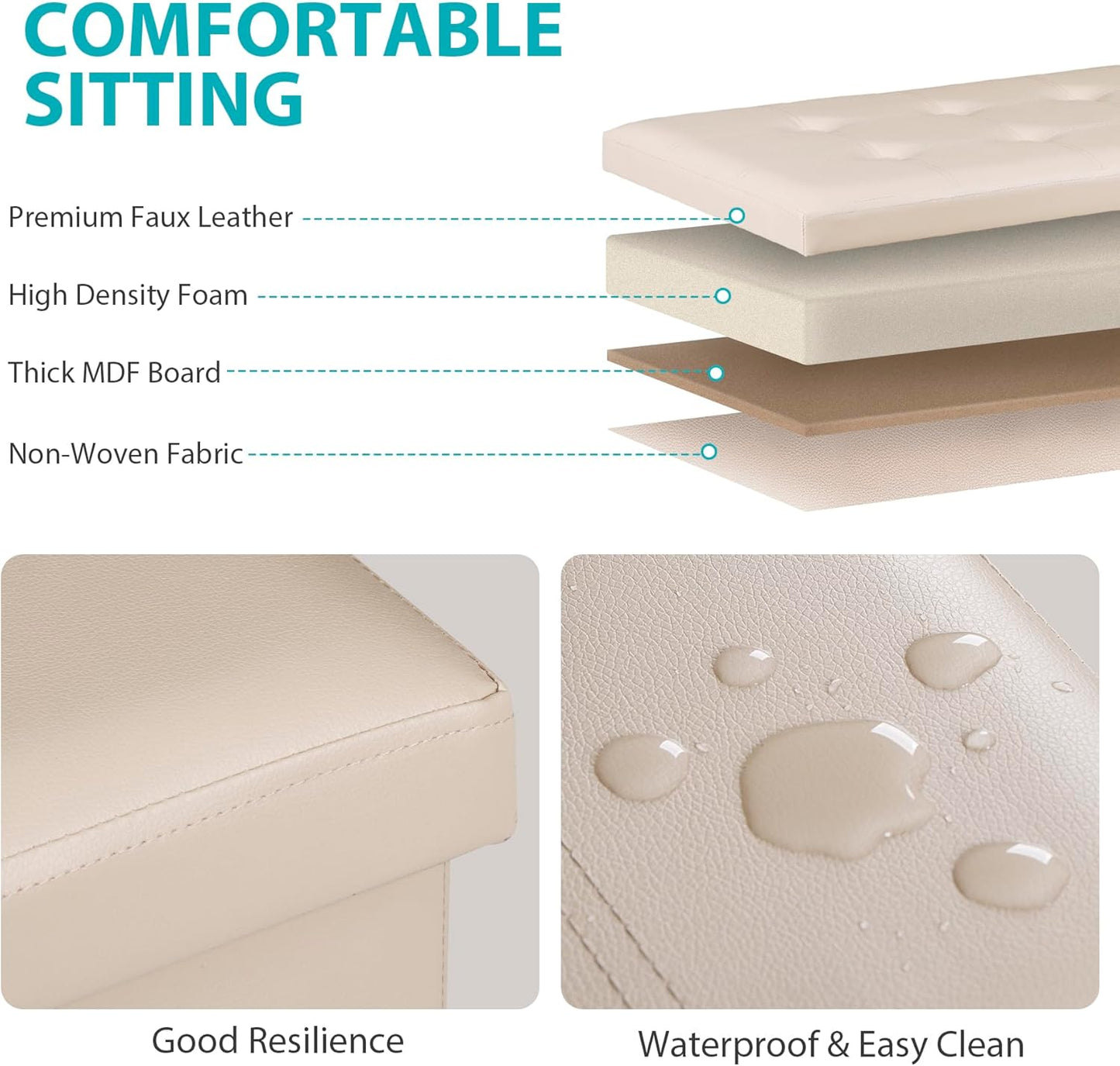 SUPER DEAL Folding Storage Ottoman Bench, 30 Inches Footrest Storage Bin with Padded Seat, Entryway Shoe Bench for Living Room Bedroom, 30"x15"x15", Faux Leather, Beige