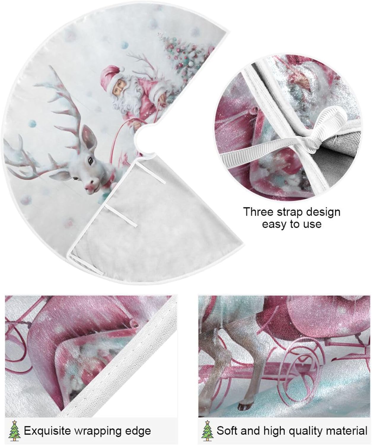 Christmas Tree Skirt, 48 Inch Santa Claus Pink Reindeer Xmas Tree Mat for New Year Party Decorations