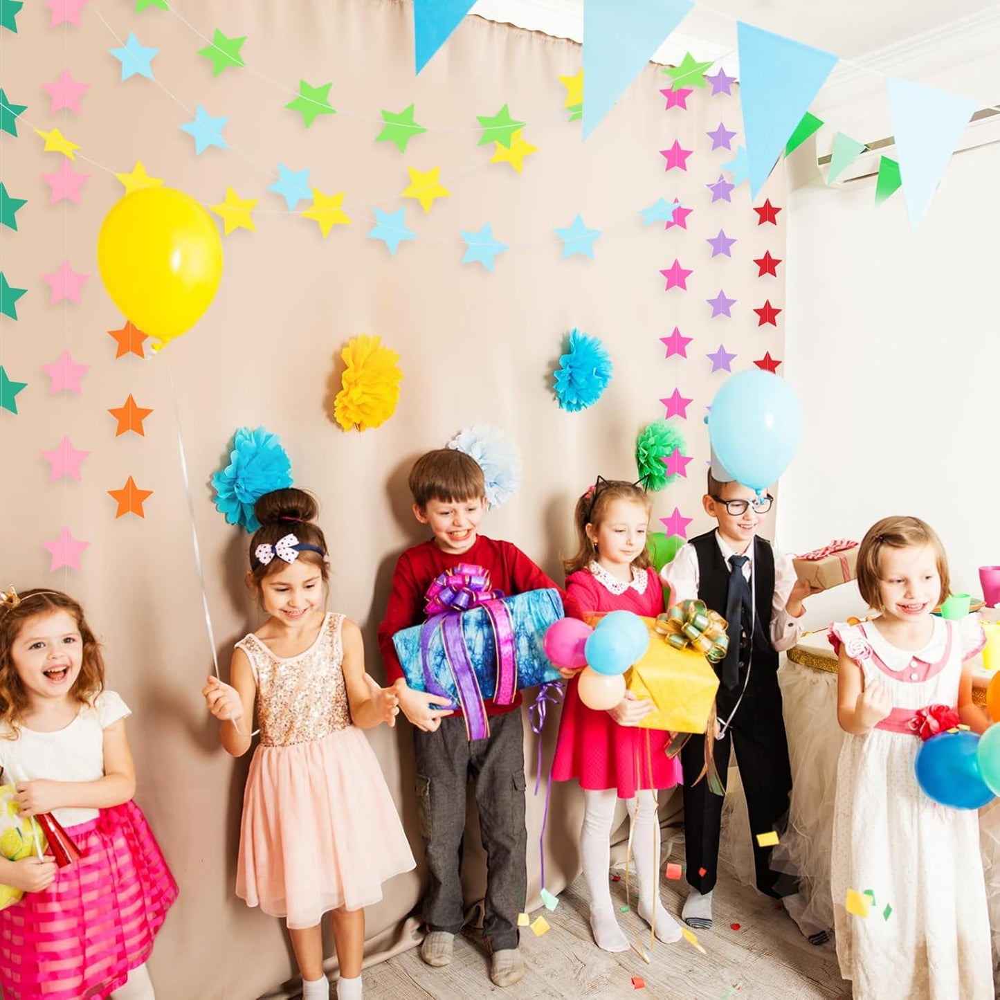 Patelai Glitter Star Garland Banner Decor 130 Feet Star Hanging Bunting Banner Twinkle Backdrop for Homecoming Classroom Wedding Birthday Halloween Christmas Party Supplies(Rainbow)