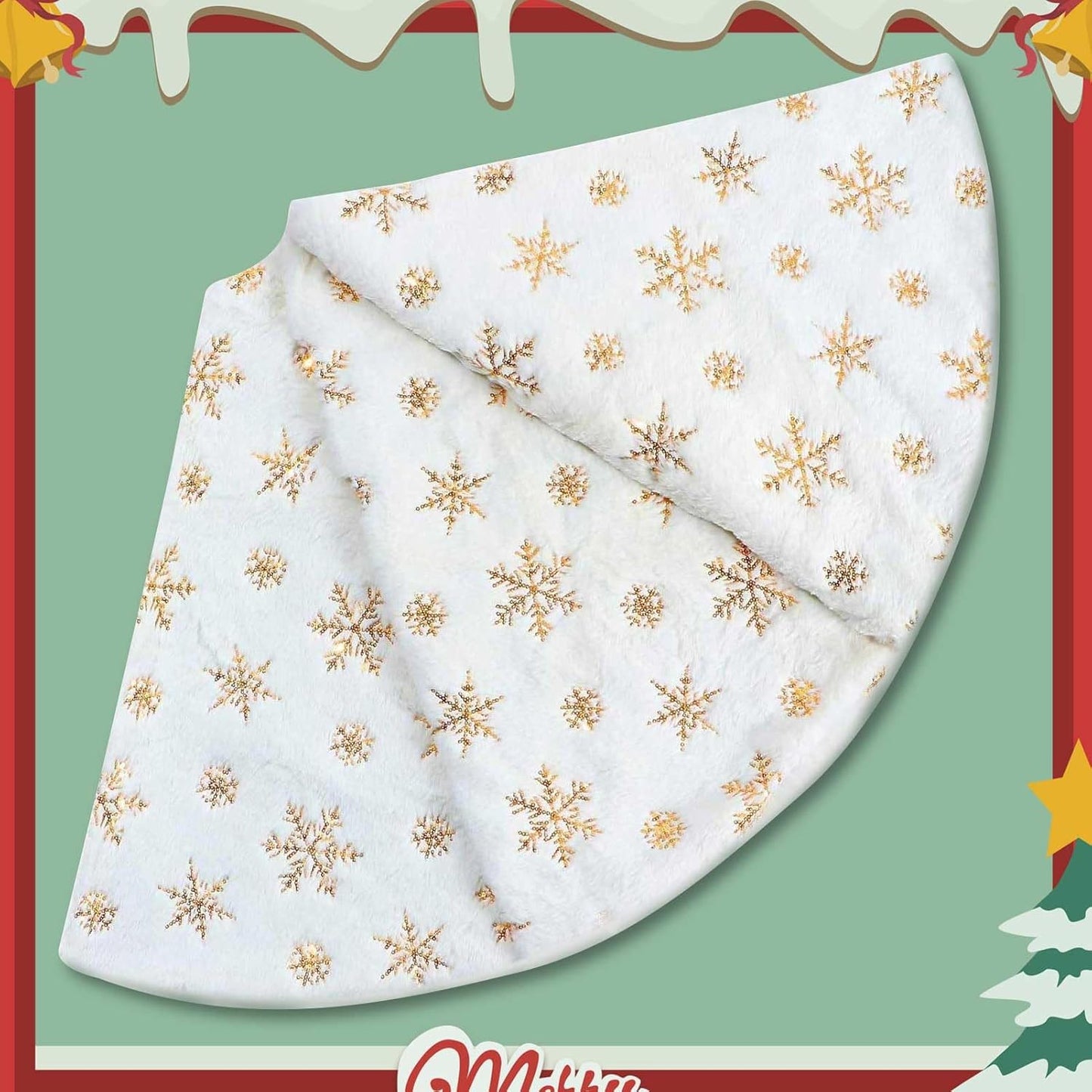 Christmas Tree Skirt, 48 Inch White Luxury Faux Fur & Gold Sequin Snowflakes, 4ft Xmas Tree Skirt for Holiday Tree Ornaments Christmas Party Home Decorations