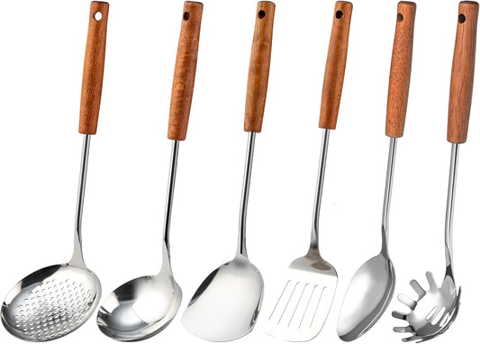 FJNATINH Stainless Steel Kitchen Utensils Set with Wood Handle Nonstick Stainless Steel Cooking Utensils Set with Turners,Spatula,Ladle,Skimmer,Solid Spoon,Pasta