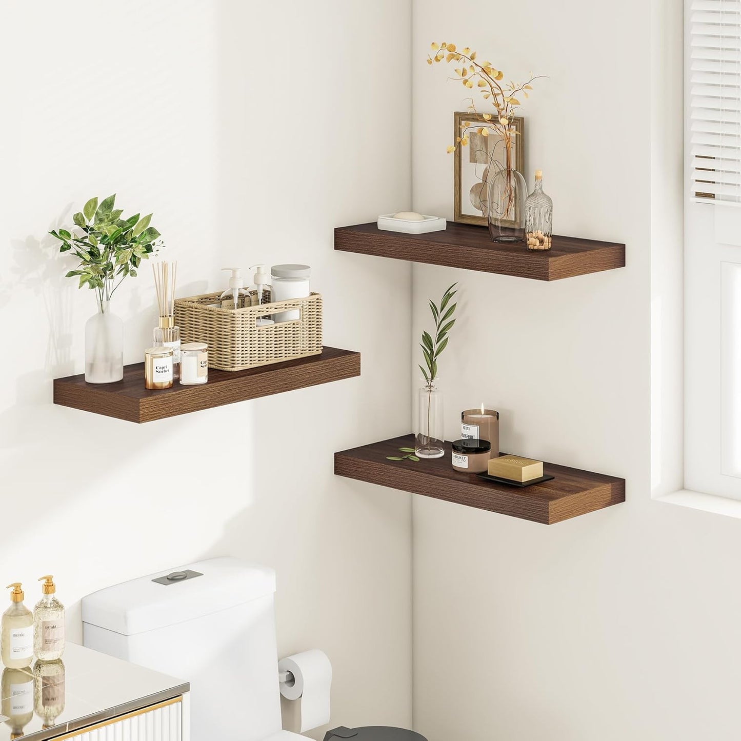 Wide Floating Shelves for Wall 12 Inch Deep, 24" X 12" X 2" Floating Shelf, 2 Inch Thick Shelf for Bathroom Bedroom Kitchen Book Room, Heavy Duty 55lbs Shelves for Farmhouse Decor Set of 2, Walnut