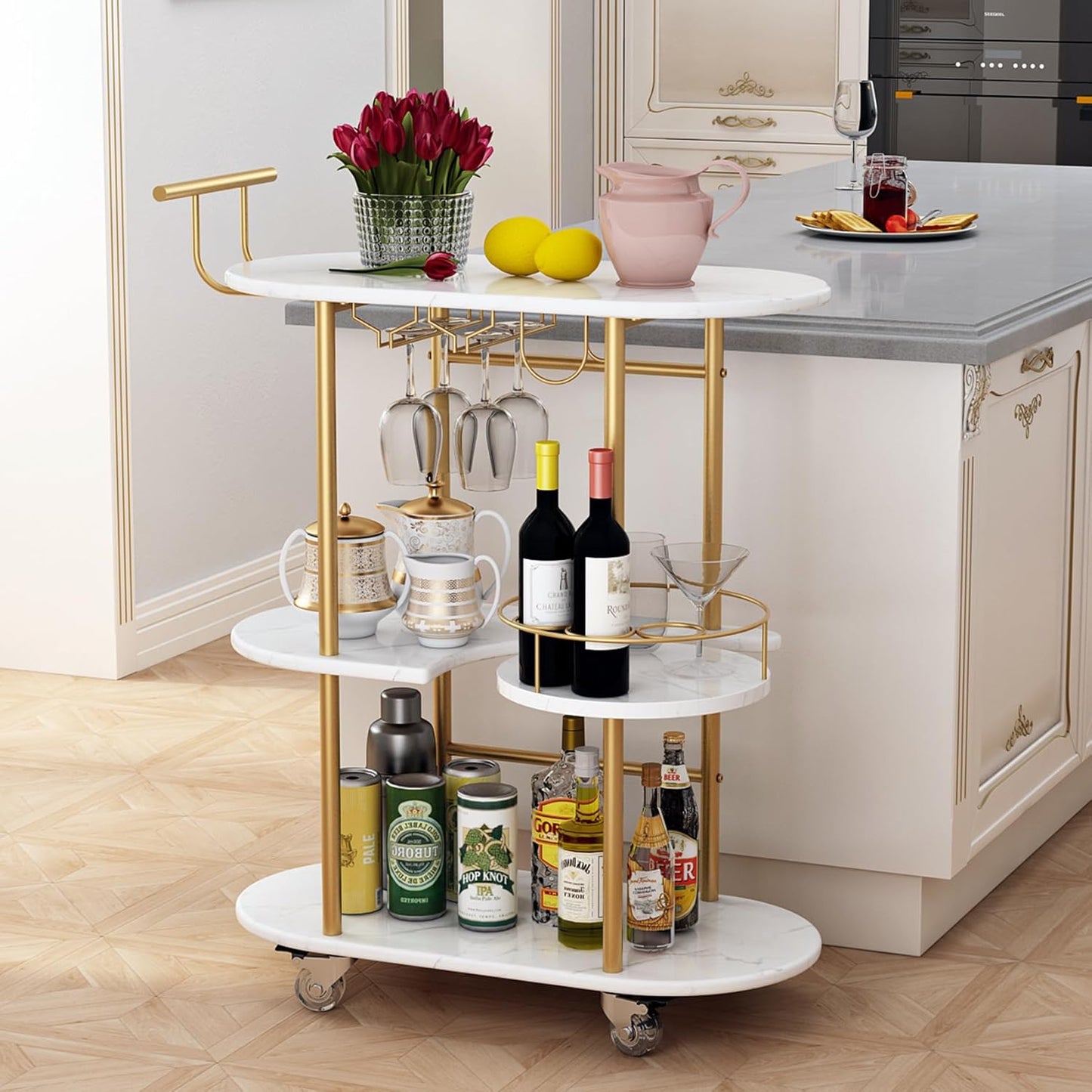 3 Tier Gold Bar Carts for Home Bar Serving Cart with Wheels, Heavy Duty Bar Wine Cart with Storage Shelves, for The Living Room, Kitchen, Bar, Party