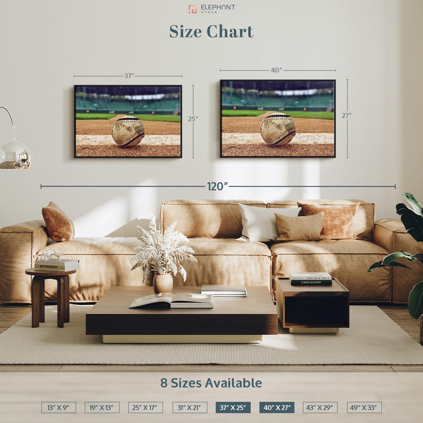 ElephantStock Baseball In Stadium Wall Art - Horizontal Framed Canvas - 1-Piece Living Room Wall Decor - Car Photography Canvas Print - Brown and Beige Decor for Wall - 37" X 25"