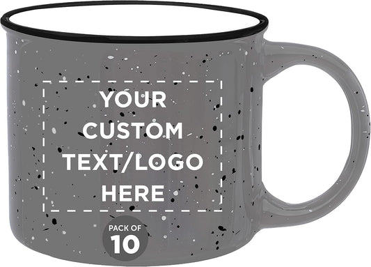 DISCOUNT PROMOS Custom Ceramic Campfire Coffee Mugs 13 oz. Set of 10, Personalized Bulk Pack - Perfect for Tea, Espresso, Cappuccino, Hot Cocoa - Grey
