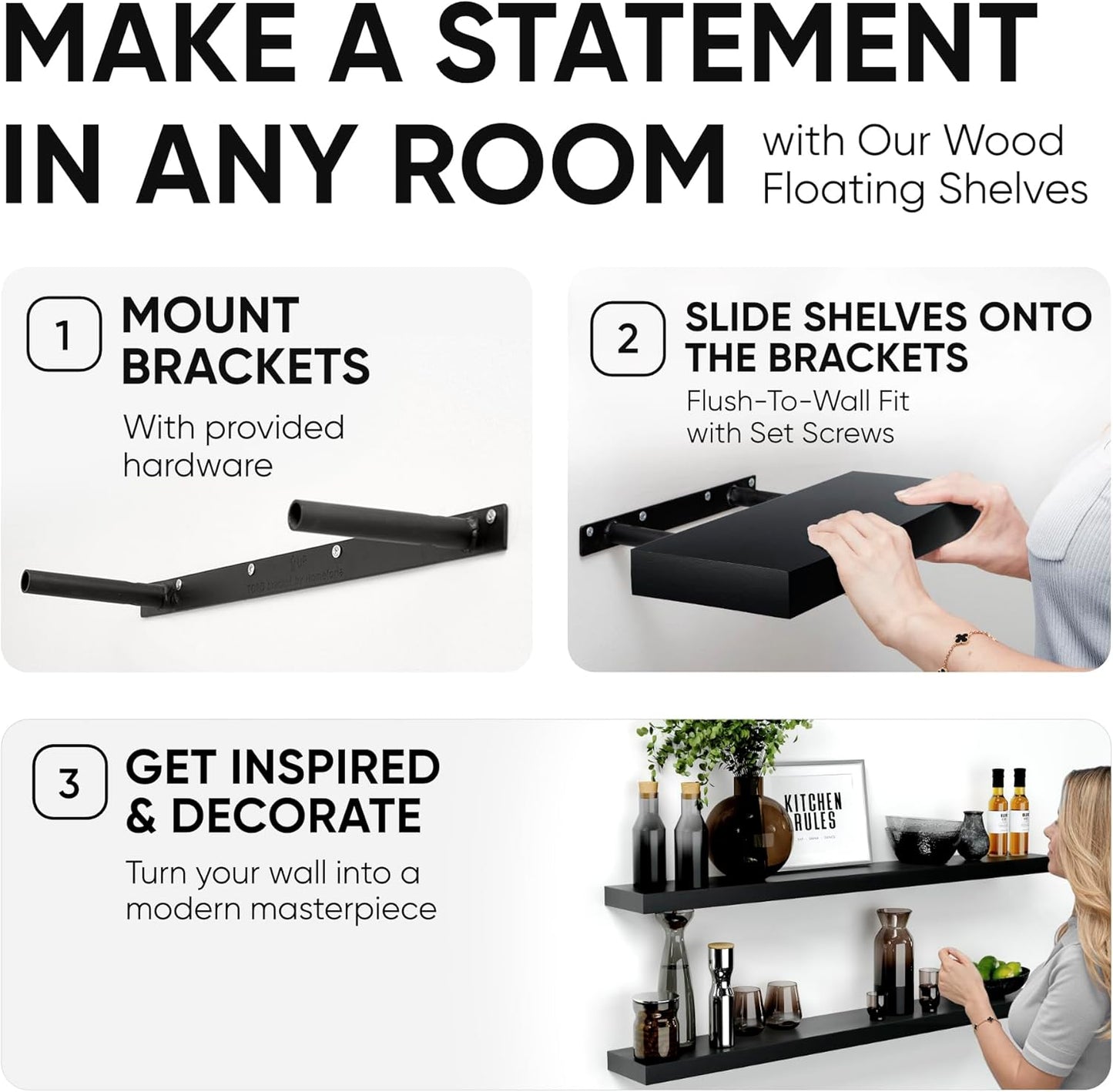 Homeforia Floating Black Shelf 42 inch, High End Solid Real Wood 42 inches Long Floating Shelves for Wall, Black Wooden 42inch Large Floating Shelves, Heavy Duty Bracket, 42 X 6.5 X 1.75 in, Set of 2