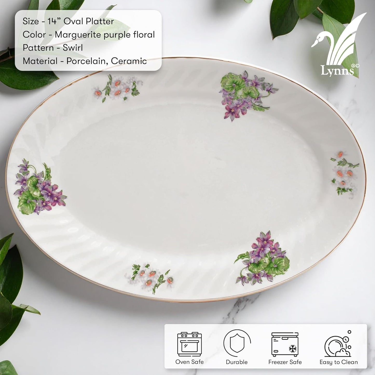 Lynns Paradise Marguerite 14-Inch Oval Platter, Set of 2, Purple; Heavy Duty; Chip Resistant; Lead and Cadmium Free; Freezer to Oven Safe up to 500°F