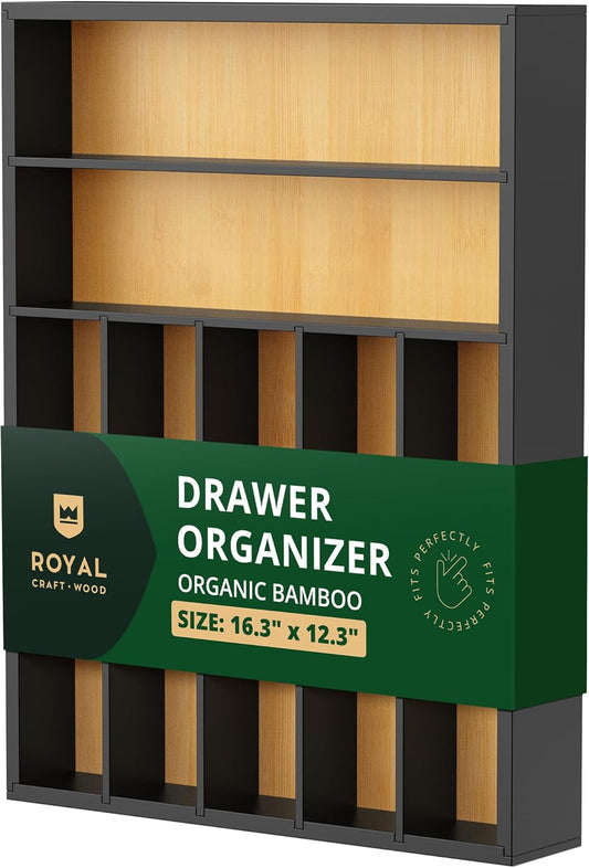 ROYAL CRAFT WOOD Luxury Bamboo Kitchen Drawer Organizer - Silverware Organizer - Utensil Holder and Cutlery Tray with Grooved Drawer Dividers for Flatware and Kitchen Utensils (7 Slot)