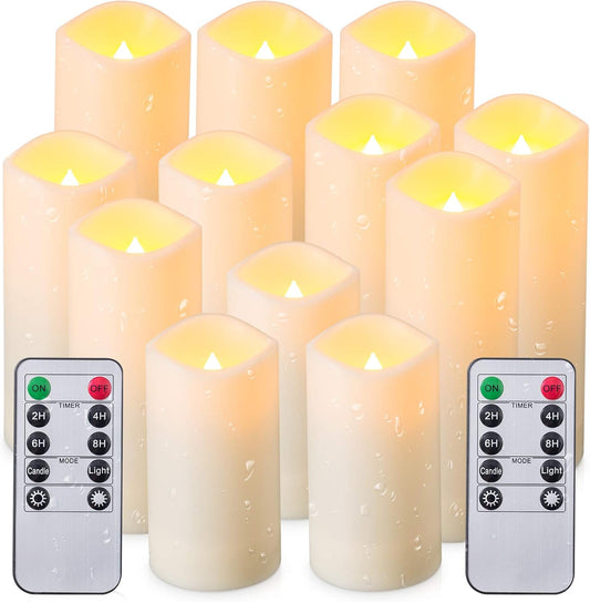 Waterproof Flickering Flameless Candles, Set of 12 Battery Operated Candles (D2.2'' x H4''5''6''7"), Outdoor Indoor Candles with 10-Key Timer Remote, Long Lasting
