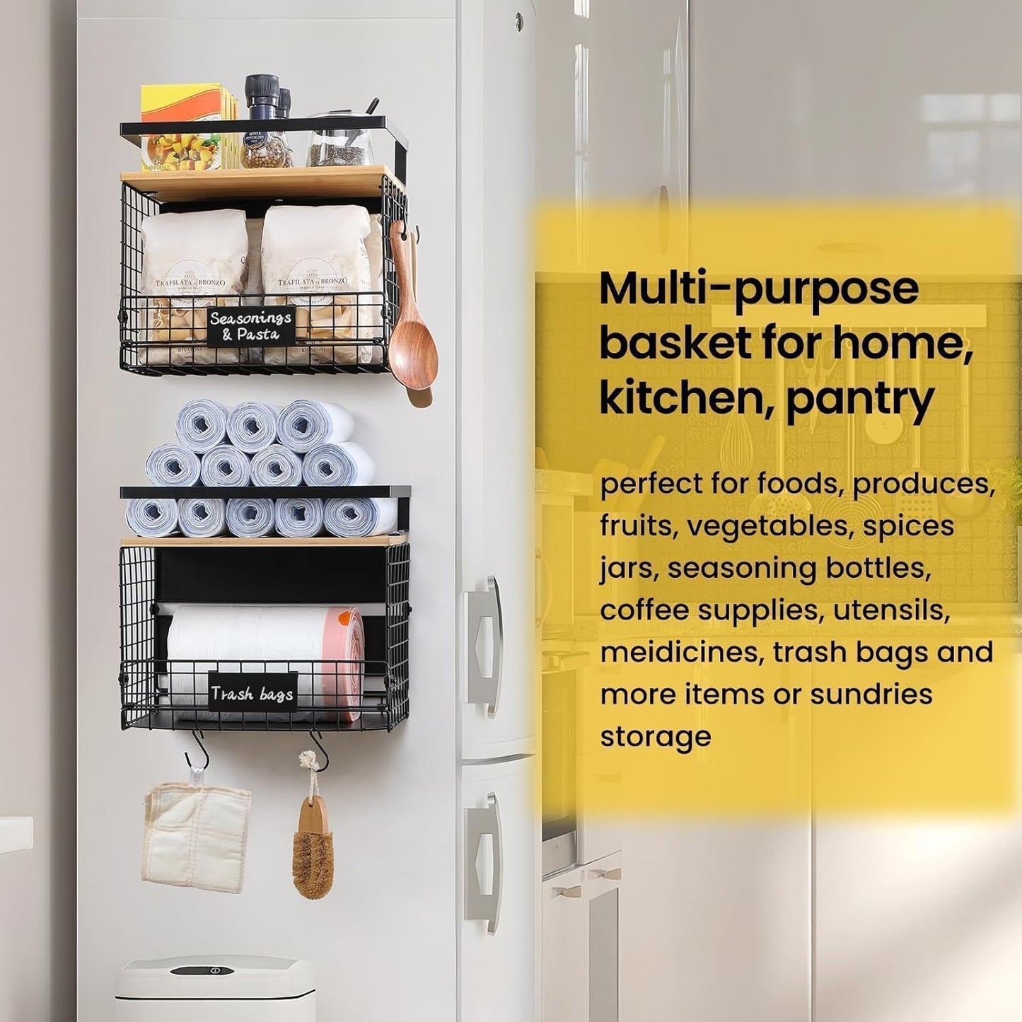 [WIDER Shelf]1 SET Strong Magnetic Shelf Basket for Fridge with Tag & Bamboo Top, XXL Large Magnetic Spice Rack Shelves for Side of Refrigerator, Kitchen Pantry Storage Organizer for Food Fruit Veg