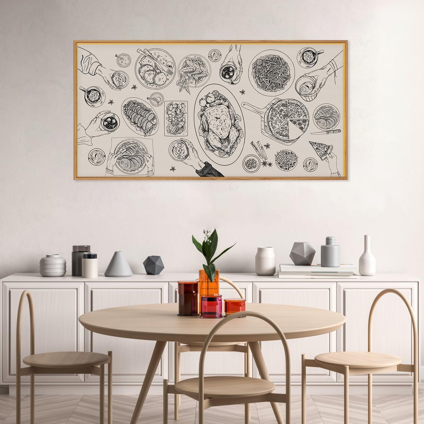 Vintage Food and Drink Framed Canvas Wall Art Set,Retro Sketch Pizza Cheers Wall Decor,Thanksgiving Dinner Turkey Artwork,Black and white Art Prints for Kitchen,Dining Room,Gatherings Decor-20"x40"