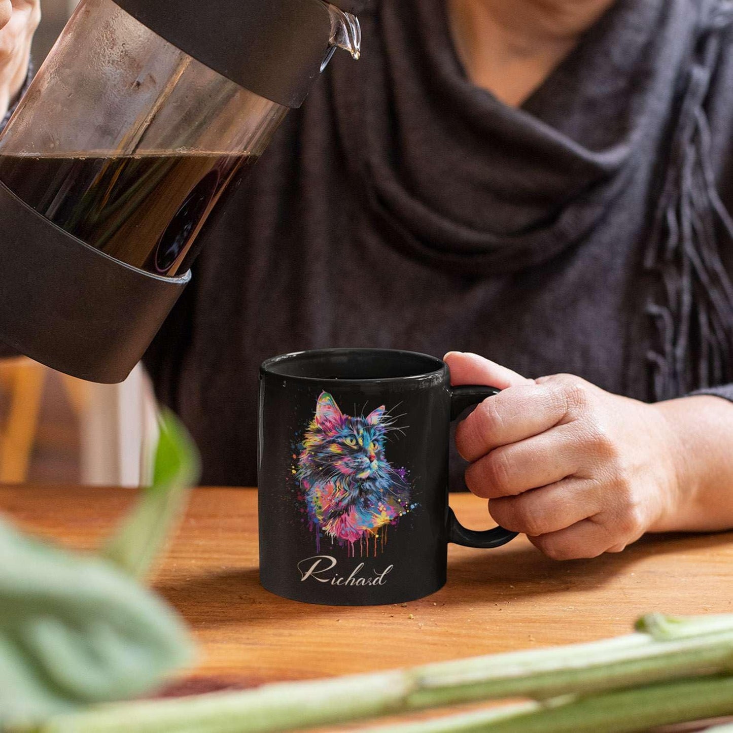 Customized Cat Ceramic Mug, Gift For Cat Pet Owner, Personalized Cat Lover Coffee Cup, Colorful Cat Design Mug For Birthday, Custom Name Cat Animal Black Cup, Unique Cat Mug 11oz 15oz