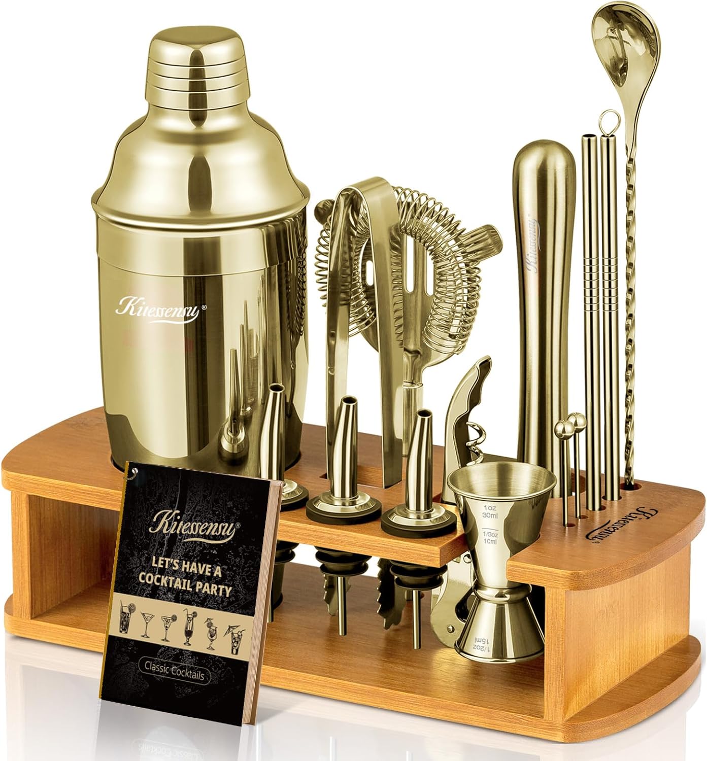KITESSENSU Cocktail Shaker Set Bartender Kit with Stand | Bar Set Drink Mixer Set with All Essential Accessory Tools: Martini Shaker, Jigger, Strainer, Mixer Spoon, Muddler |Champagne Gold