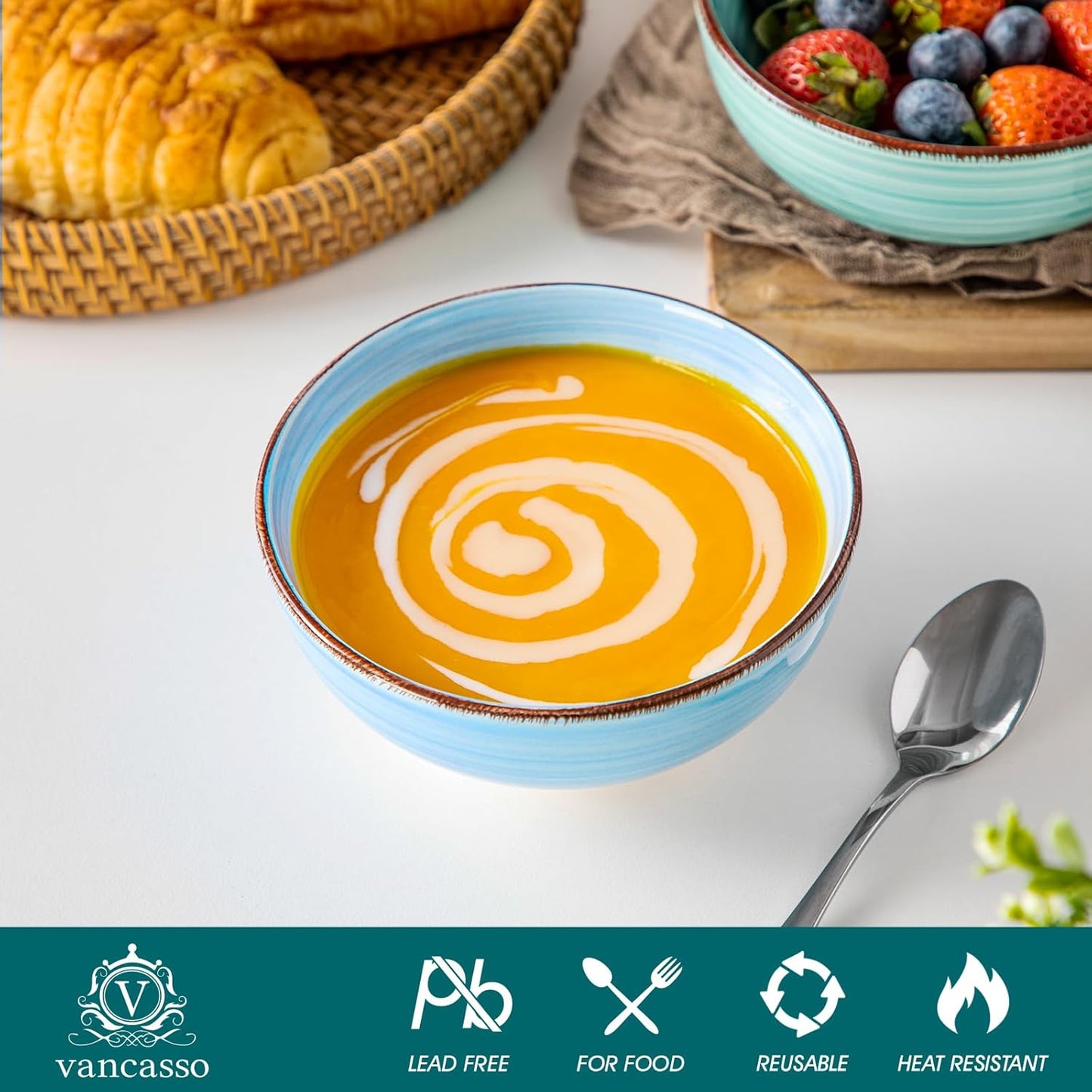 vancasso Bonita 12 Oz Small Bowls Set of 6, Ceramic Mini Dessert & Dipping Dishes, 5" Kids Bowls for Dip and Snacks, Dishwasher & Microwave Safe, Blue